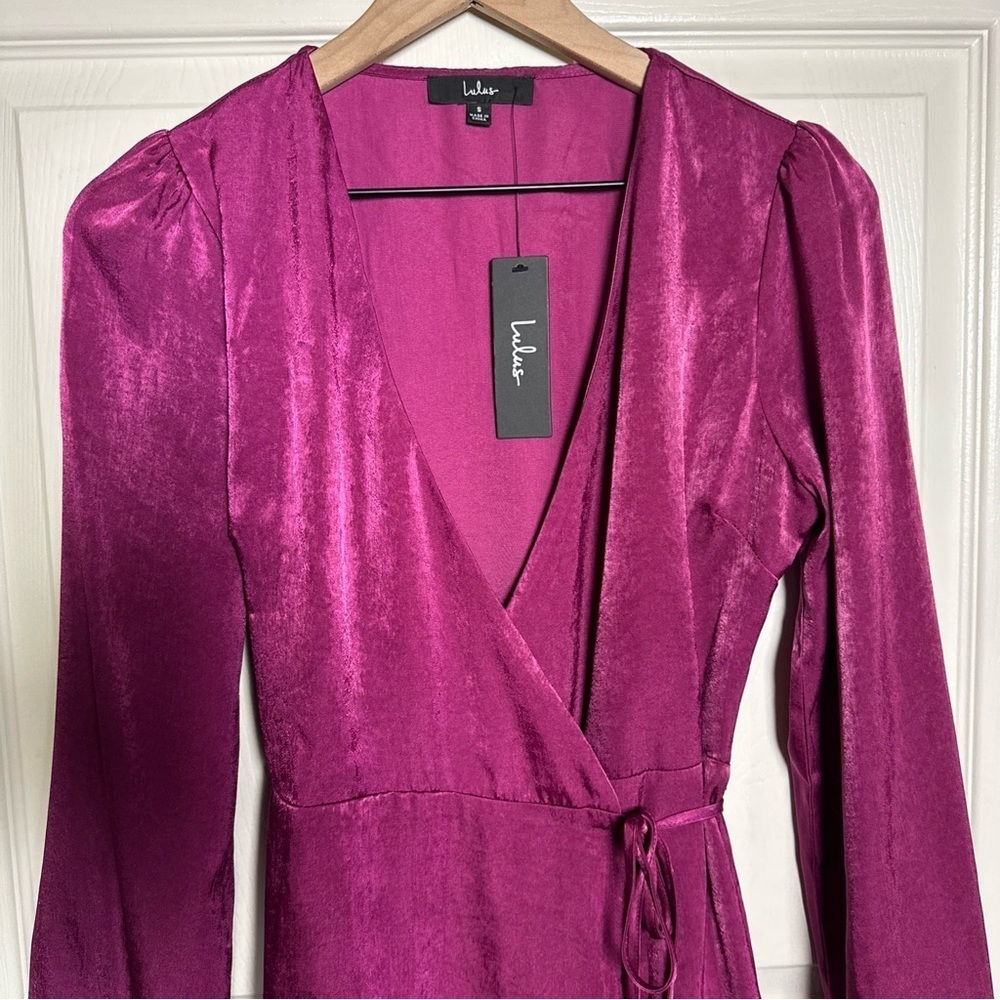 Lulus Wrap Dress Women's Small Purple Satin So Splendid Magenta Ruffled Hem New - Picture 4 of 11